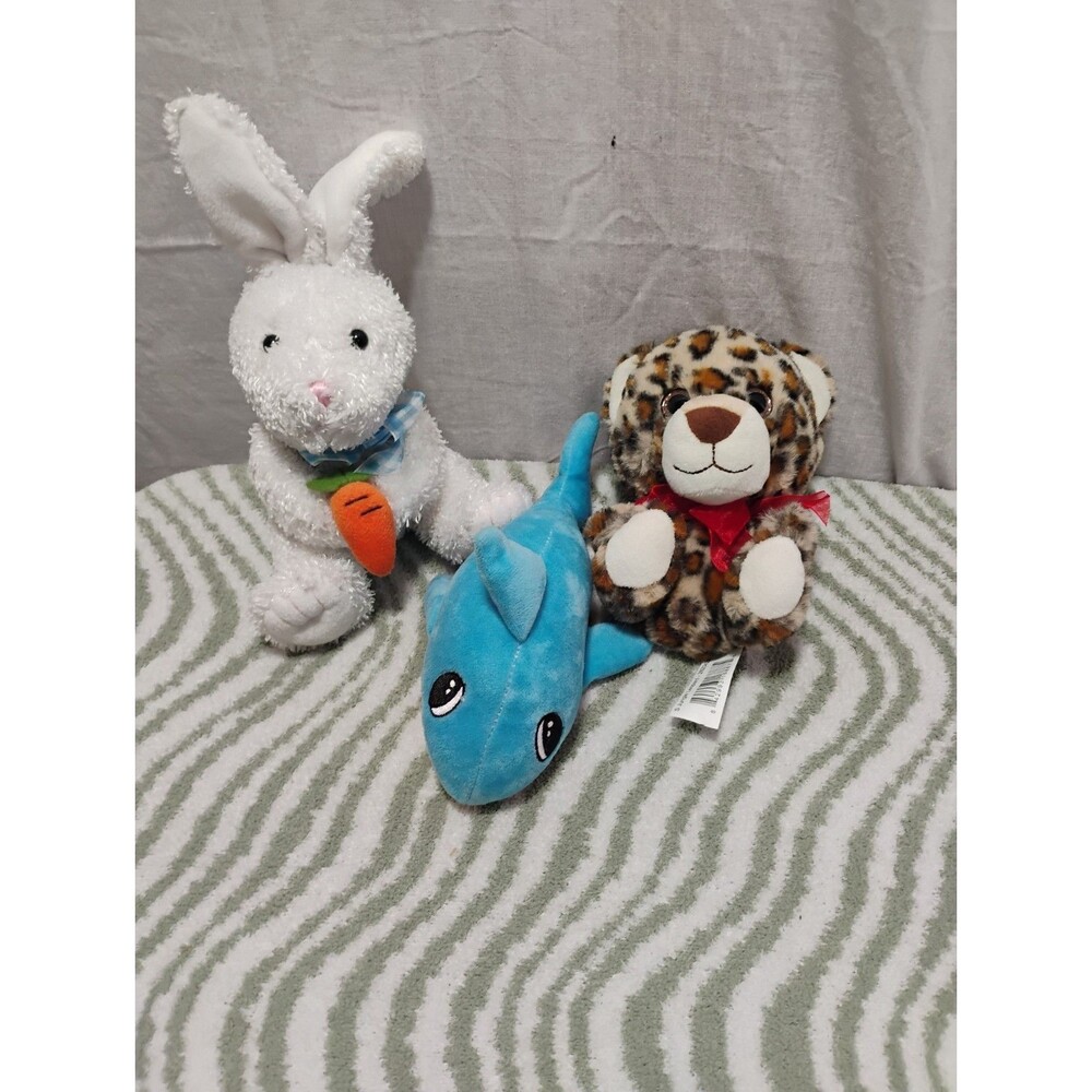 3 Plush Stuffed Animals WalMart Shark, Rabbit, Leopard
